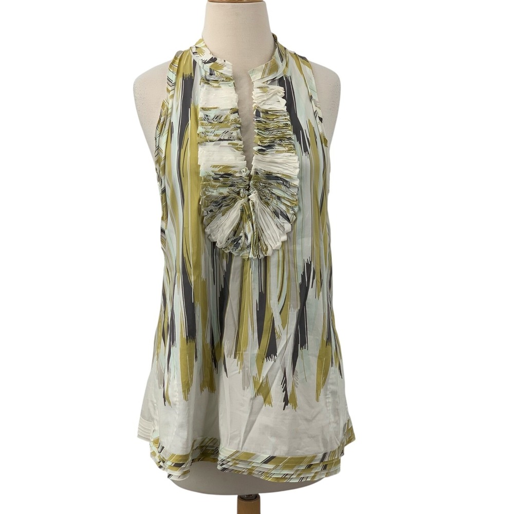 BCBG Maxazria Women's Sleeveless Pleated Green White Racerback Blouse‎ M READ